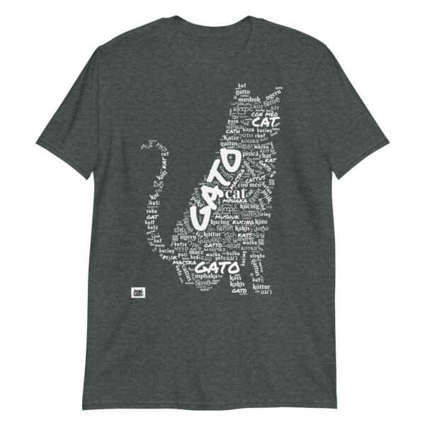 Camiseta gris gato grande en diferentes idiomas tinta blanca