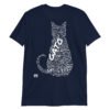 Camiseta original azul marino gato en diferentes idiomas tinta blanca
