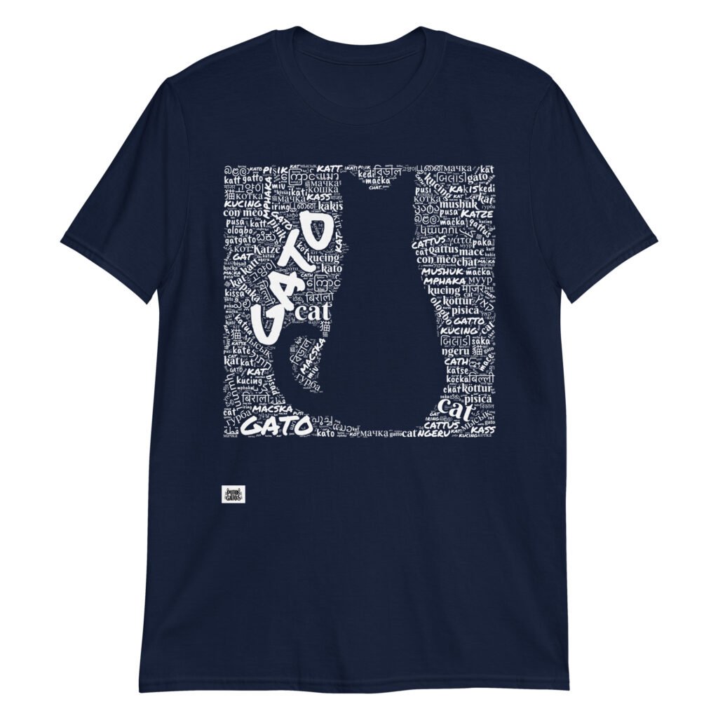 Camiseta azul marino gato en diferentes idiomas tinta blanca