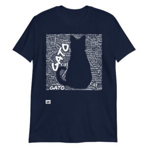 Camiseta azul marino gato en diferentes idiomas tinta blanca