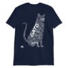 Camiseta azul marino gato grande en diferentes idiomas tinta blanca