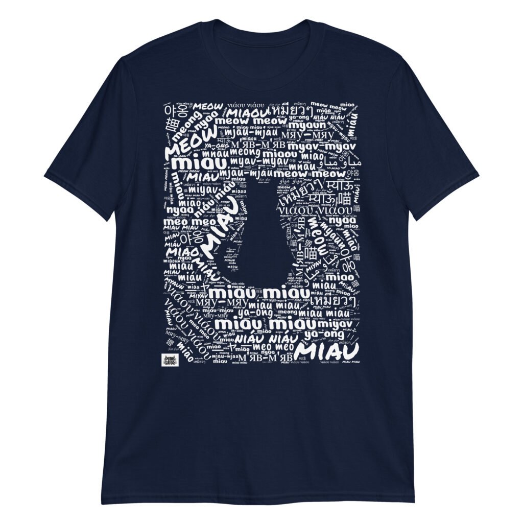 Camisetas azul marino de gatos como se dice MIAU en diferentes idiomas tinta blanca