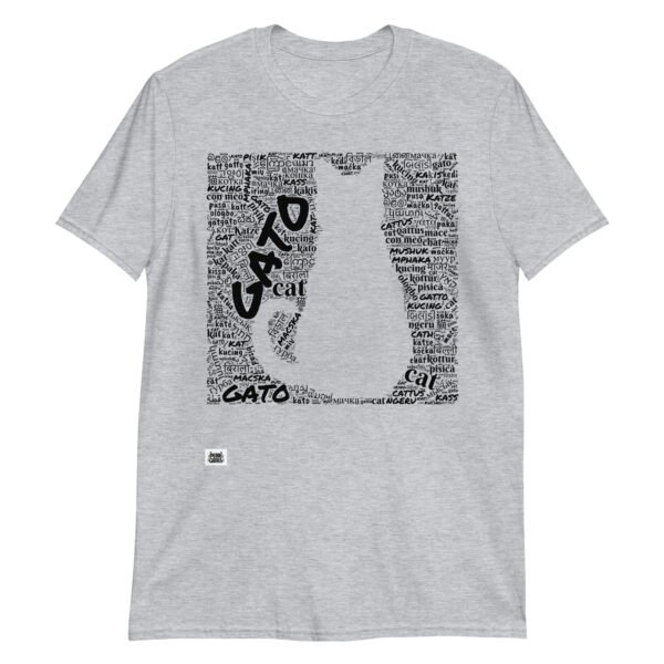 Camiseta gris gato en diferentes idiomas tinta negra