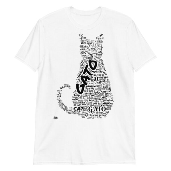 Camiseta original blanca gato en diferentes idiomas tinta negra