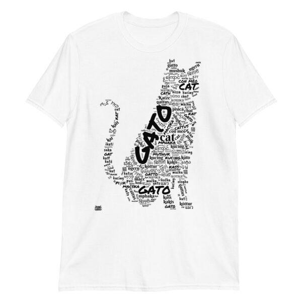 Camiseta blanca gato grande en diferentes idiomas tinta negra