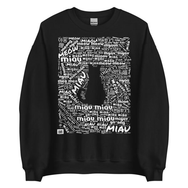 Sudadera negra de gatos como se dice MIAU en diferentes idiomas tinta blanca