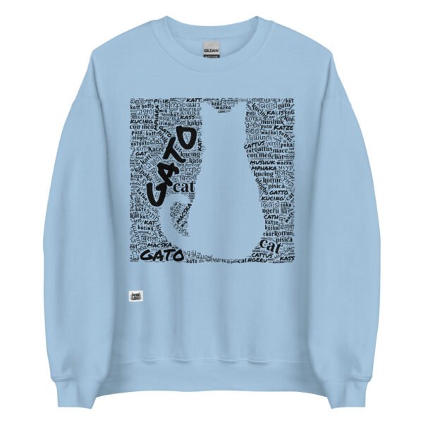 Sudadera azul gato en diferentes idiomas tinta negra