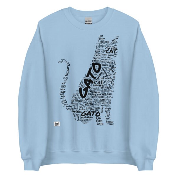 Sudadera azul gato grande en diferentes idiomas tinta negra