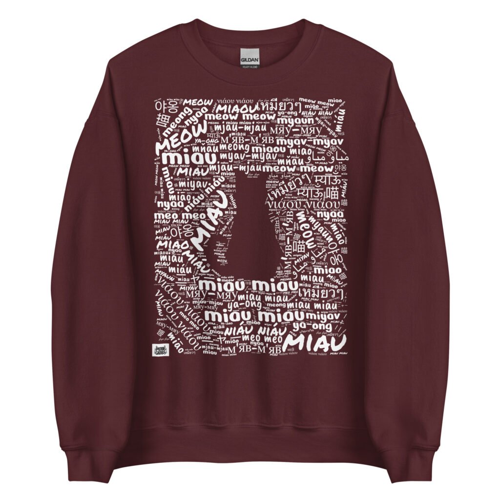 Sudadera marrón de gatos como se dice MIAU en diferentes idiomas tinta blanca