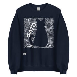 Sudadera azul marino gato en diferentes idiomas tinta blanca