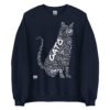 Sudadera azul marino gato grande en diferentes idiomas tinta blanca