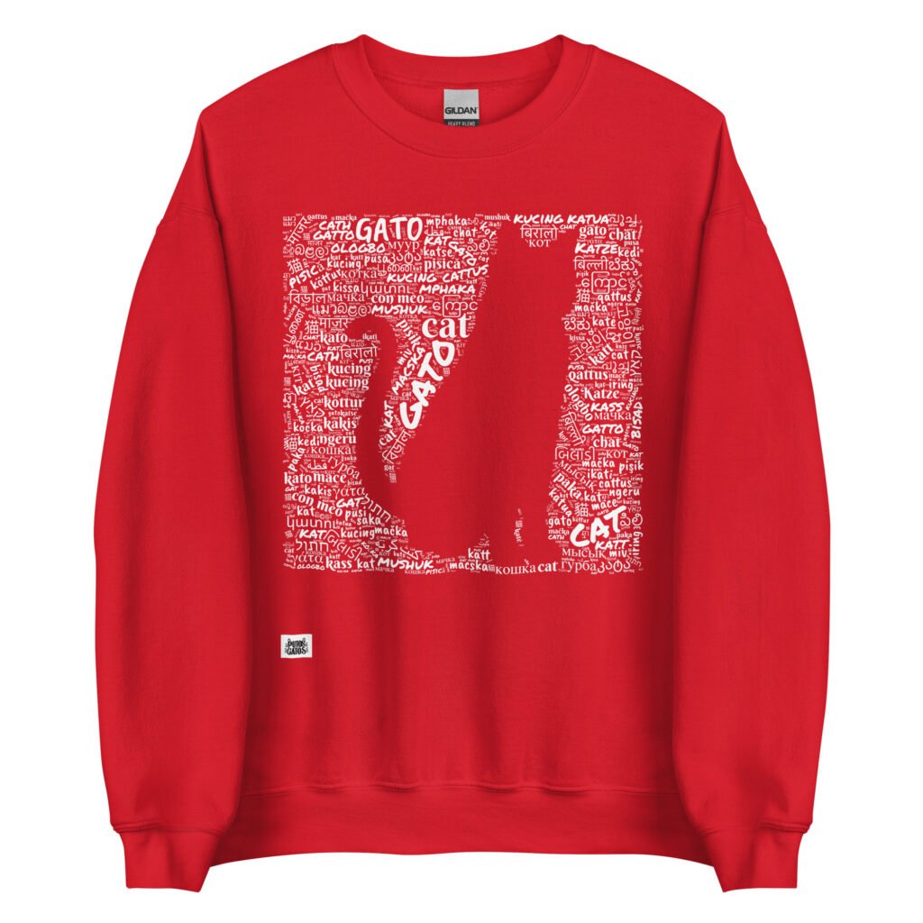 Sudadera roja gato en diferentes idiomas tinta blanca