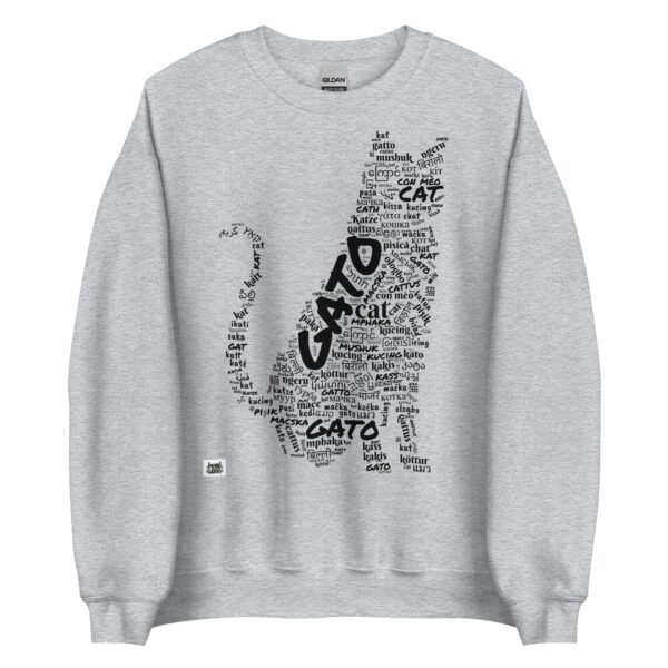 Sudadera gris gato grande en diferentes idiomas tinta negra