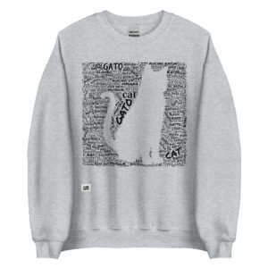 Sudadera gris gato en diferentes idiomas tinta negra