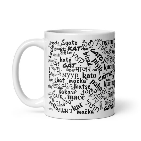 Taza blanca cómo se dice gato en diferentes idiomas