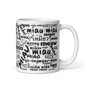 Taza de gatos como se dice MIAU  en diferentes idiomas blanca