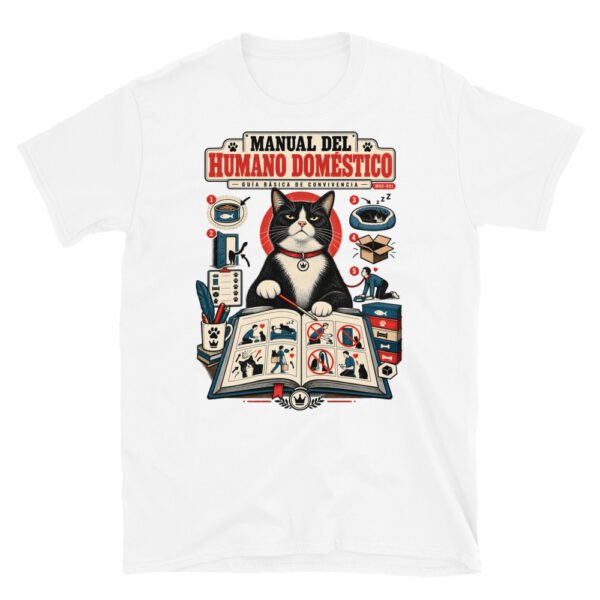 Camiseta de gatos «Guía de convivencia» — diseño MHD-001 de la serie Manual del Humano Doméstico en color Blanco