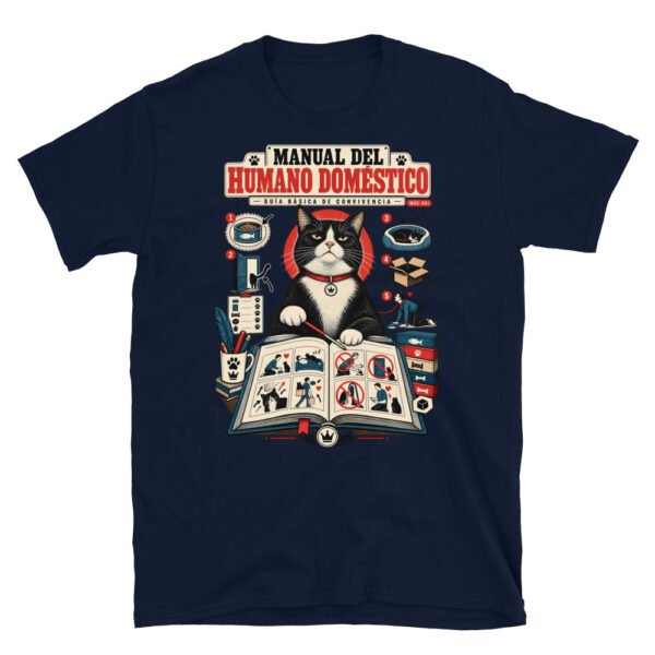 Camiseta de gatos «Guía de convivencia» — diseño MHD-001 de la serie Manual del Humano Doméstico en color Marino
