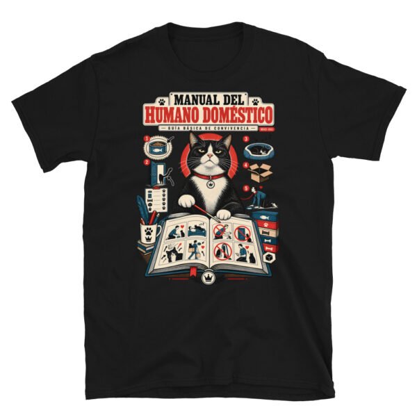 Camiseta de gatos «Guía de convivencia» — diseño MHD-001 de la serie Manual del Humano Doméstico en color Negro