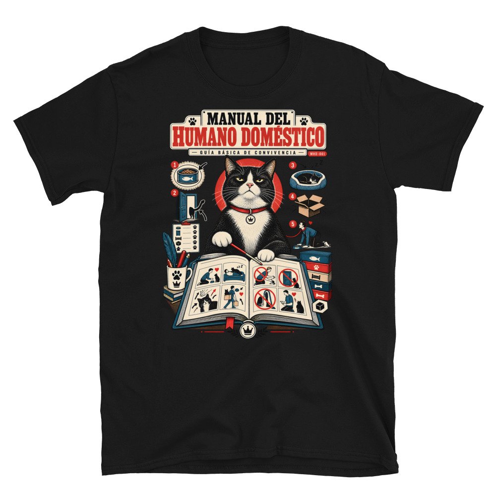Camiseta de gatos «Guía de convivencia» — diseño MHD-001 de la serie Manual del Humano Doméstico en color Negro
