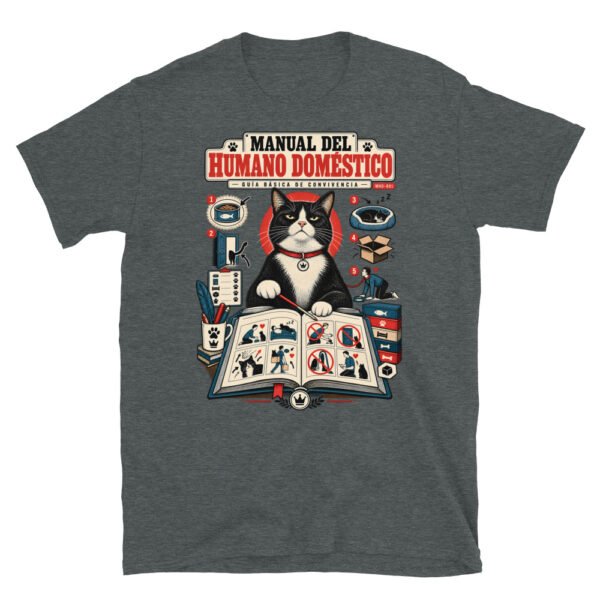 Camiseta de gatos «Guía de convivencia» — diseño MHD-001 de la serie Manual del Humano Doméstico en color Oscuro jaspeado