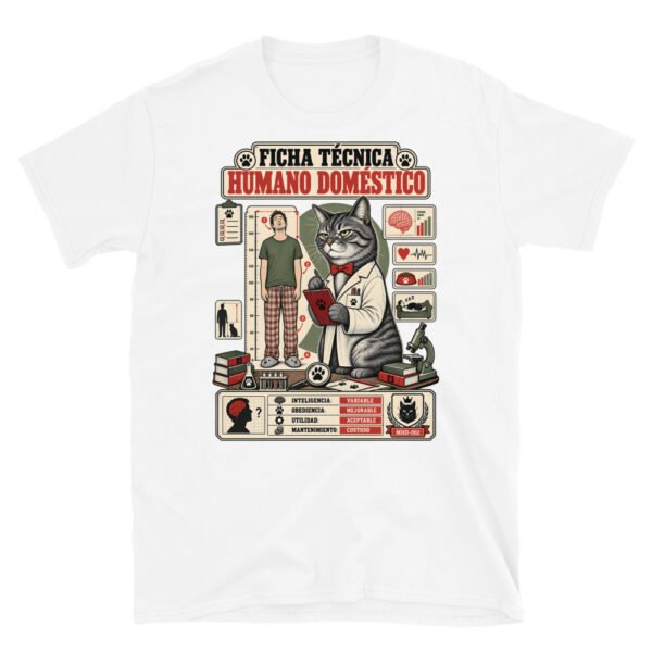Camiseta de gatos «Ficha técnica del humano» — diseño MHD-002 de la serie Manual del Humano Doméstico en color Blanco