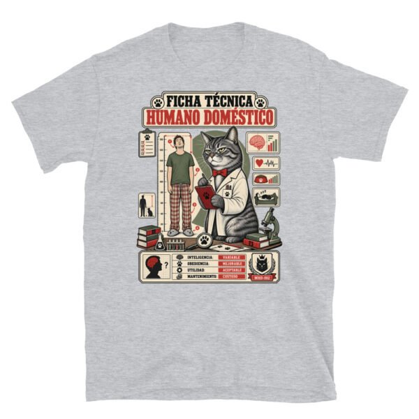 Camiseta de gatos «Ficha técnica del humano» — diseño MHD-002 de la serie Manual del Humano Doméstico en color Gris deportivo