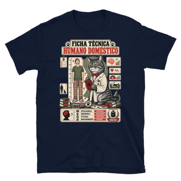 Camiseta de gatos «Ficha técnica del humano» — diseño MHD-002 de la serie Manual del Humano Doméstico en color Marino