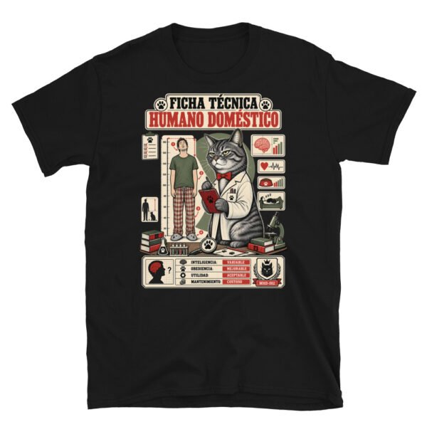 Camiseta de gatos «Ficha técnica del humano» — diseño MHD-002 de la serie Manual del Humano Doméstico en color Negro