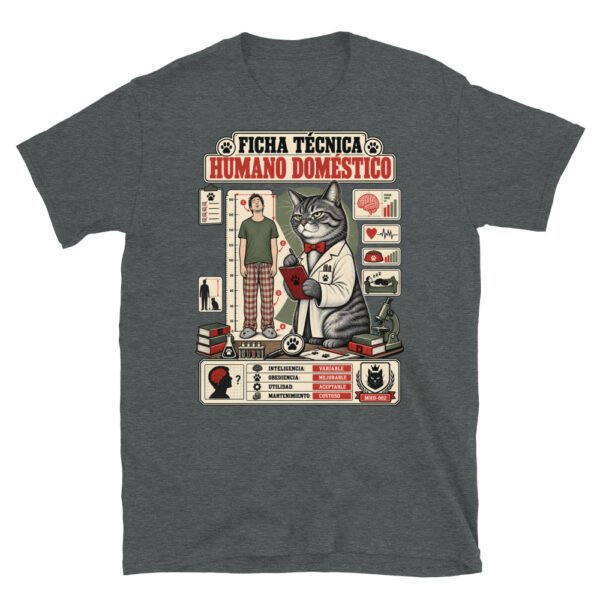 Camiseta de gatos «Ficha técnica del humano» — diseño MHD-002 de la serie Manual del Humano Doméstico en color Oscuro jaspeado
