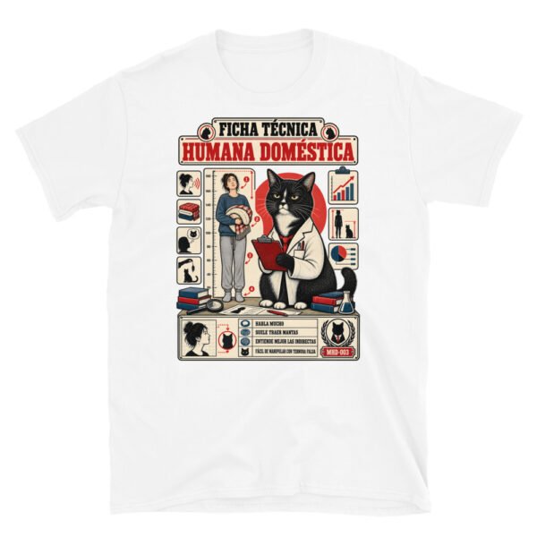 Camiseta de gatos «Ficha técnica de la humana» — diseño MHD-003 de la serie Manual del Humano Doméstico en color Blanco