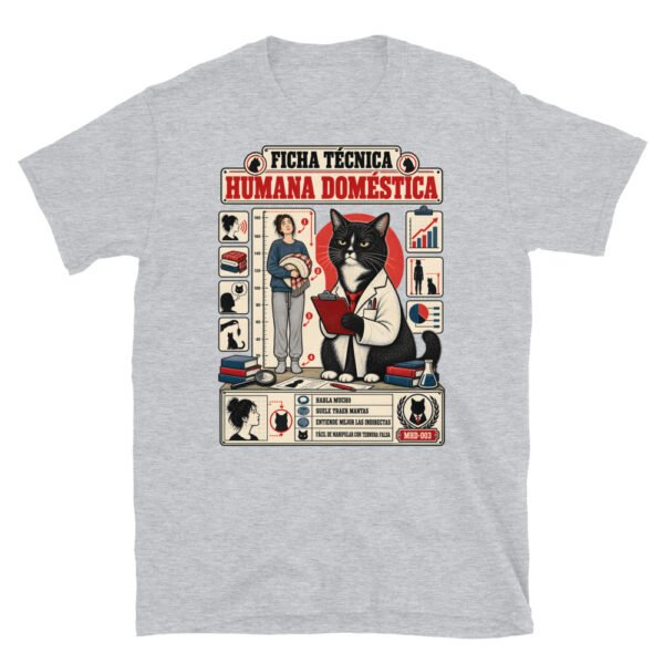 Camiseta de gatos «Ficha técnica de la humana» — diseño MHD-003 de la serie Manual del Humano Doméstico en color Gris deportivo