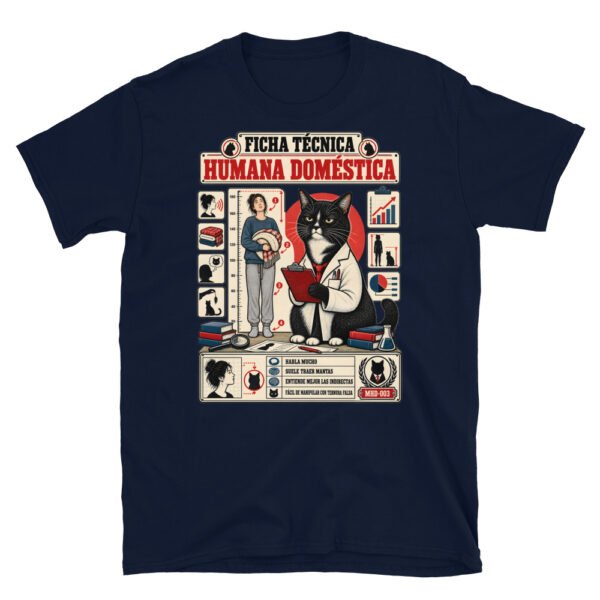 Camiseta de gatos «Ficha técnica de la humana» — diseño MHD-003 de la serie Manual del Humano Doméstico en color Marino