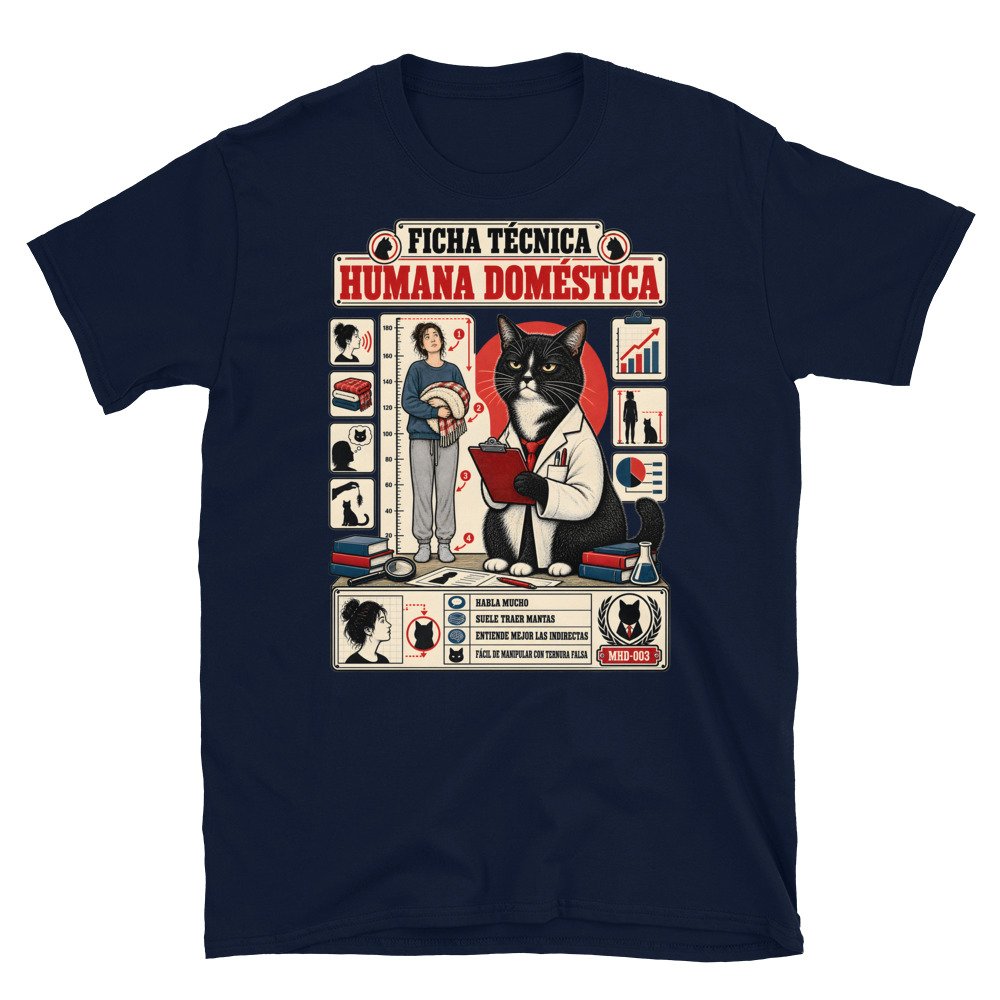 Camiseta de gatos «Ficha técnica de la humana» — diseño MHD-003 de la serie Manual del Humano Doméstico en color Marino