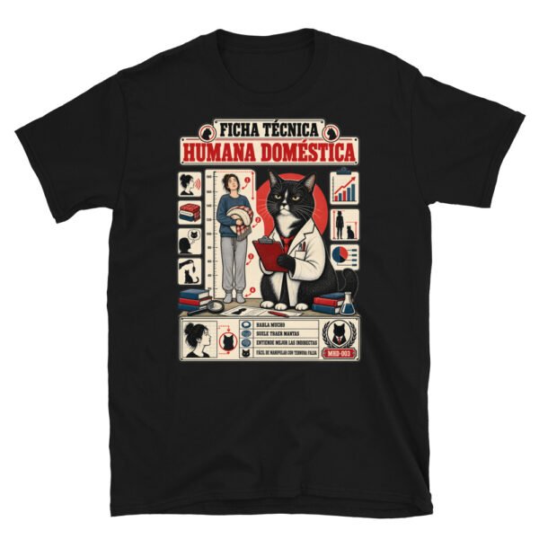Camiseta de gatos «Ficha técnica de la humana» — diseño MHD-003 de la serie Manual del Humano Doméstico en color Negro