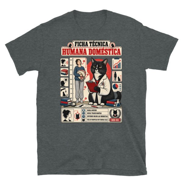 Camiseta de gatos «Ficha técnica de la humana» — diseño MHD-003 de la serie Manual del Humano Doméstico en color Oscuro jaspeado