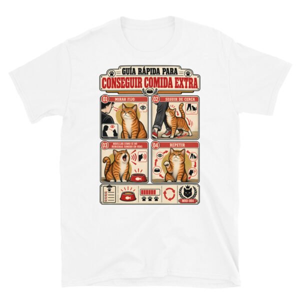 Camiseta de gatos «Cómo conseguir comida extra» — diseño MHD-004 de la serie Manual del Humano Doméstico en color Blanco