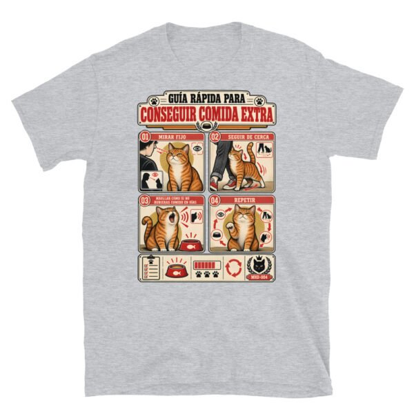 Camiseta de gatos «Cómo conseguir comida extra» — diseño MHD-004 de la serie Manual del Humano Doméstico en color Gris deportivo