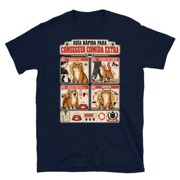 Camiseta de gatos «Cómo conseguir comida extra» — diseño MHD-004 de la serie Manual del Humano Doméstico en color Marino