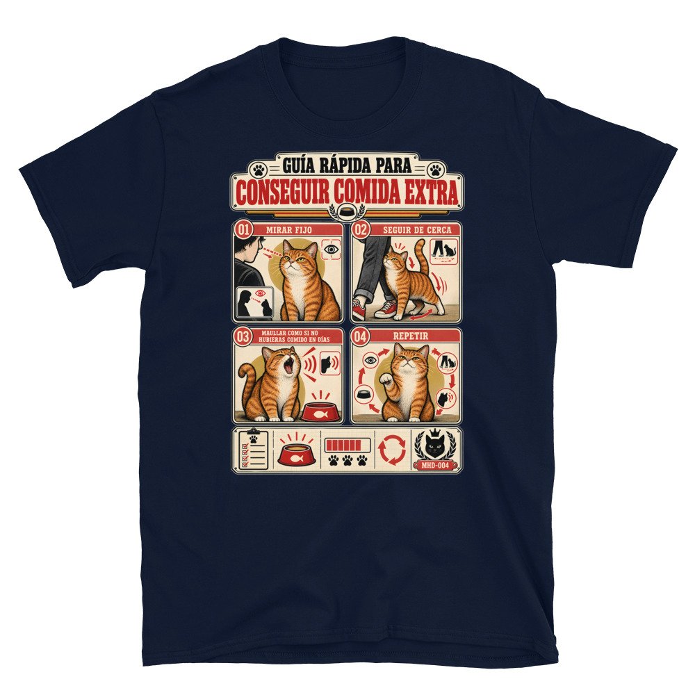 Camiseta de gatos «Cómo conseguir comida extra» — diseño MHD-004 de la serie Manual del Humano Doméstico en color Marino