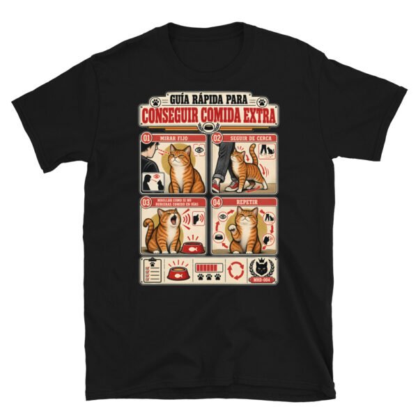 Camiseta de gatos «Cómo conseguir comida extra» — diseño MHD-004 de la serie Manual del Humano Doméstico en color Negro
