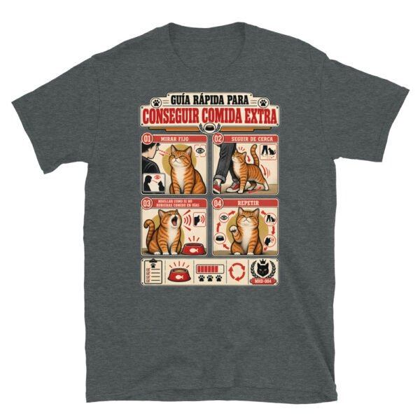 Camiseta de gatos «Cómo conseguir comida extra» — diseño MHD-004 de la serie Manual del Humano Doméstico en color Oscuro jaspeado