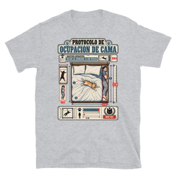 Camiseta de gatos «Protocolo de ocupación de cama» — diseño MHD-005 de la serie Manual del Humano Doméstico en color Gris deportivo