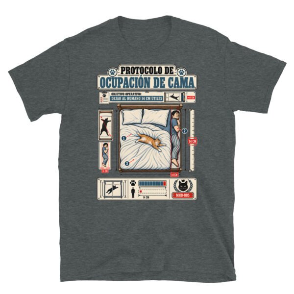 Camiseta de gatos «Protocolo de ocupación de cama» — diseño MHD-005 de la serie Manual del Humano Doméstico en color Oscuro jaspeado