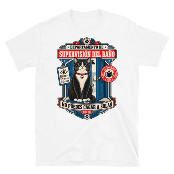 Camiseta de gatos «Supervisión del baño» — diseño MHD-006 de la serie Manual del Humano Doméstico en color Blanco