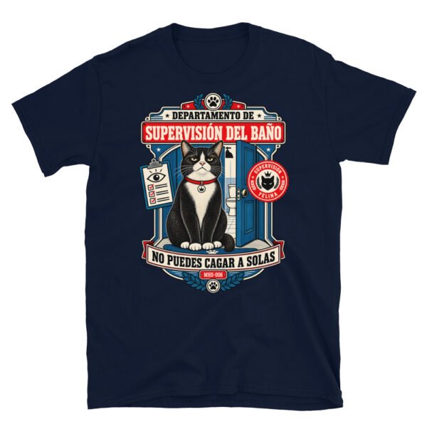 Camiseta de gatos «Supervisión del baño» — diseño MHD-006 de la serie Manual del Humano Doméstico en color Marino