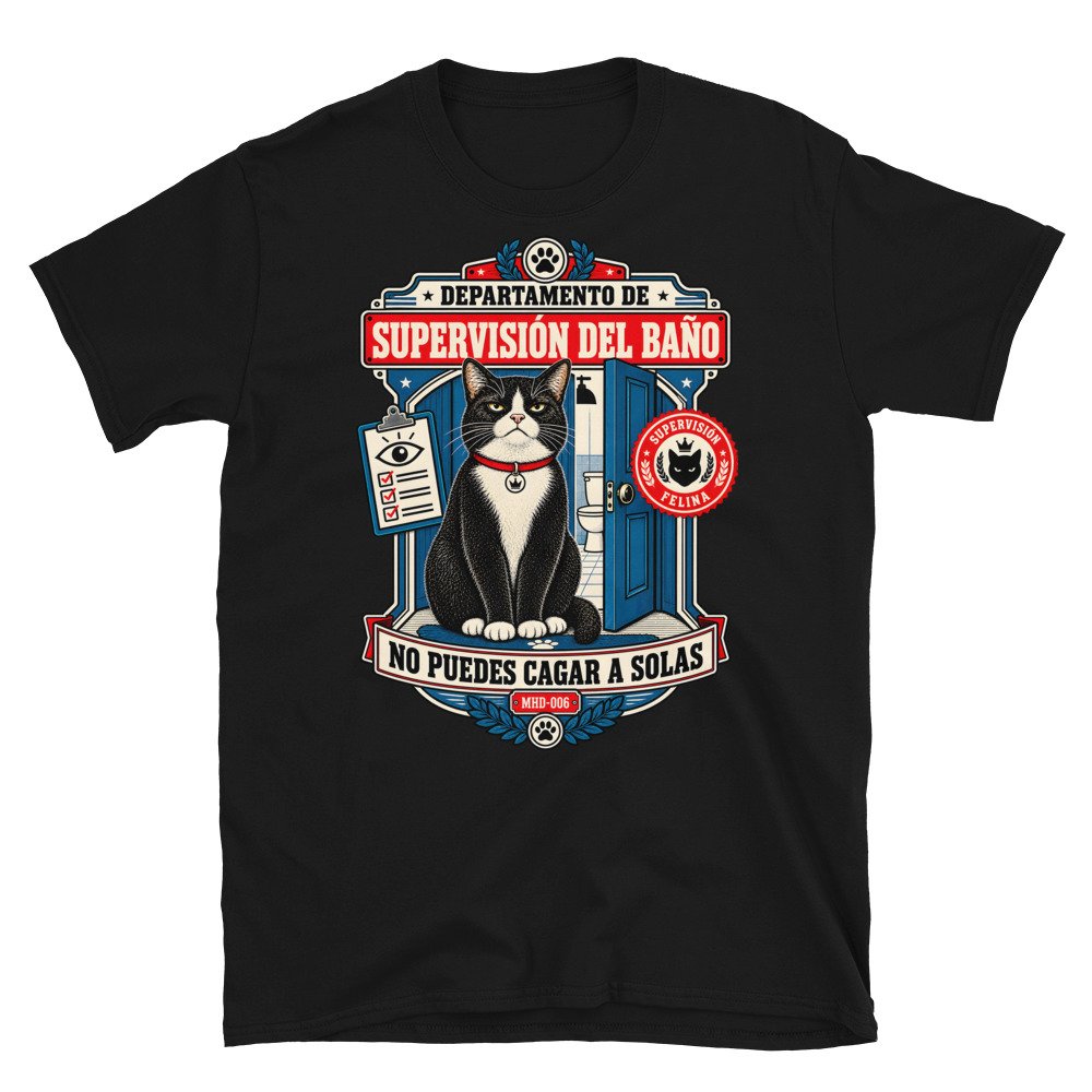 Camiseta de gatos «Supervisión del baño» — diseño MHD-006 de la serie Manual del Humano Doméstico en color Negro