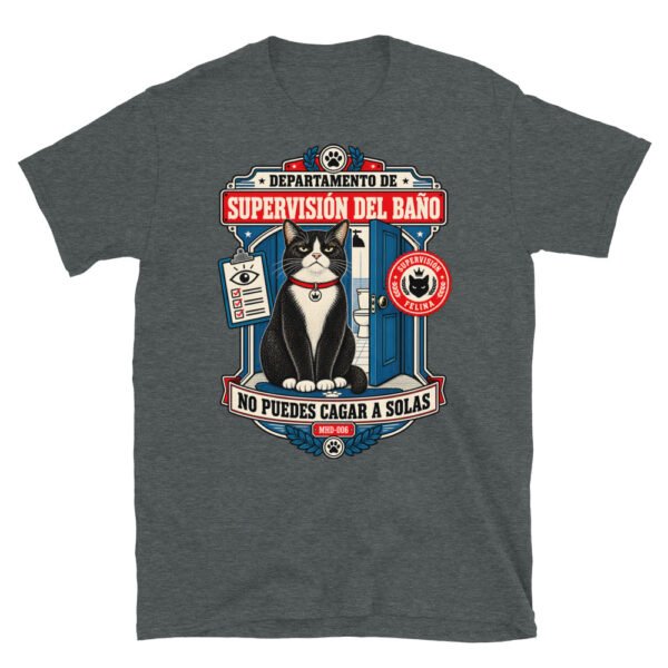 Camiseta de gatos «Supervisión del baño» — diseño MHD-006 de la serie Manual del Humano Doméstico en color Oscuro jaspeado