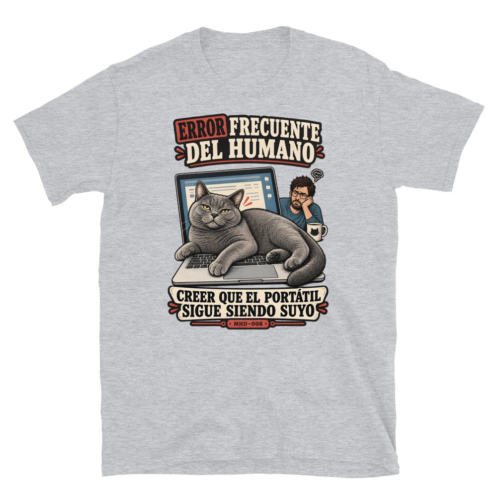 Camiseta de gatos «El portátil ya no es tuyo» — diseño MHD-008 de la serie Manual del Humano Doméstico en color Gris deportivo