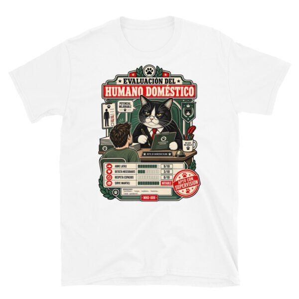 Camiseta de gatos «Evaluación del humano» — diseño MHD-009 de la serie Manual del Humano Doméstico en color Blanco